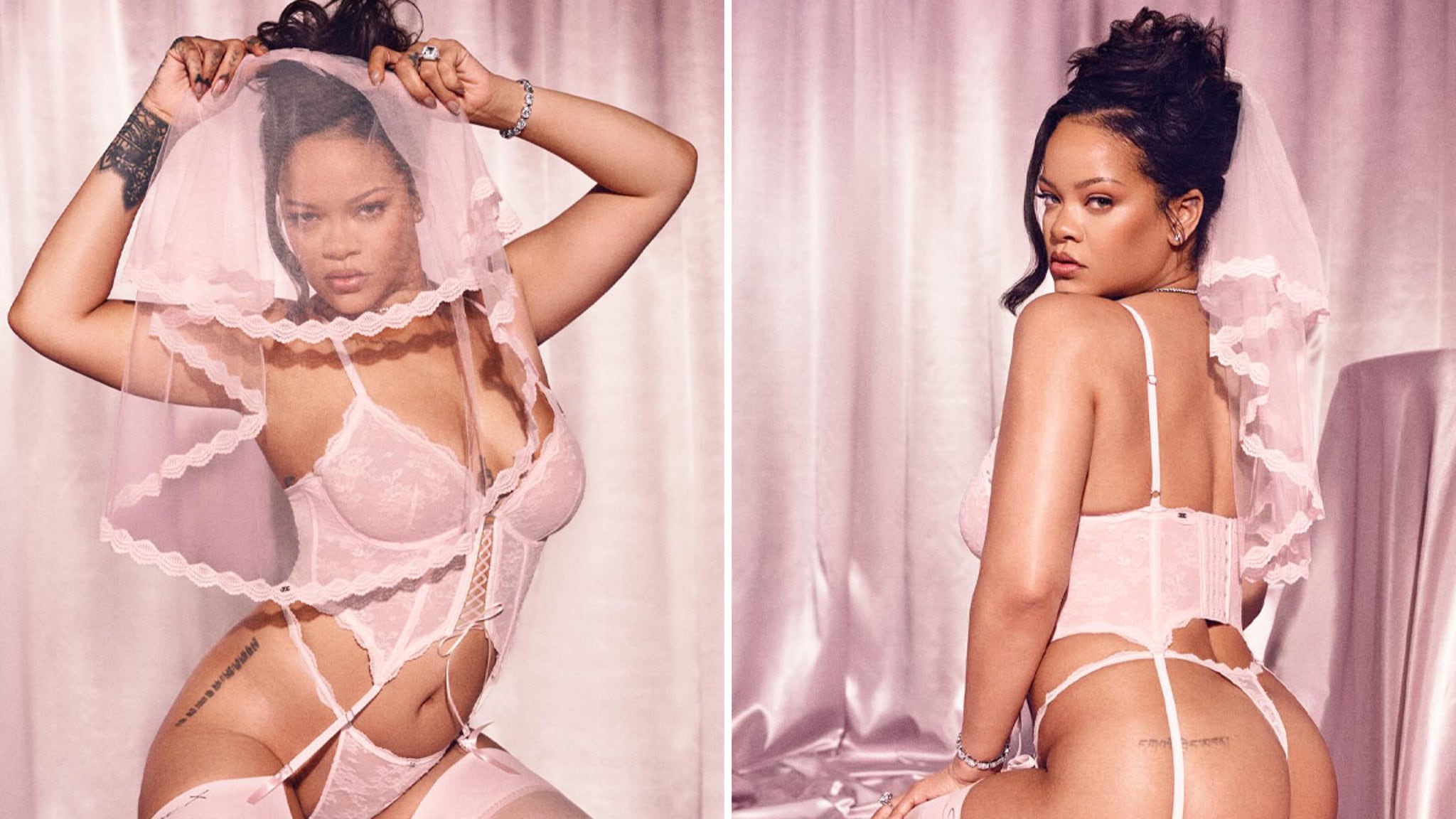 Rihanna Poses in Pink Lingerie for Her Savage X Fenty Bridal Collection