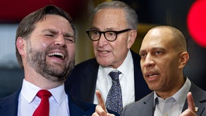 J.D. Vance is seen laughing while Chuck Schumer and Hakeem Jeffries look concerned.