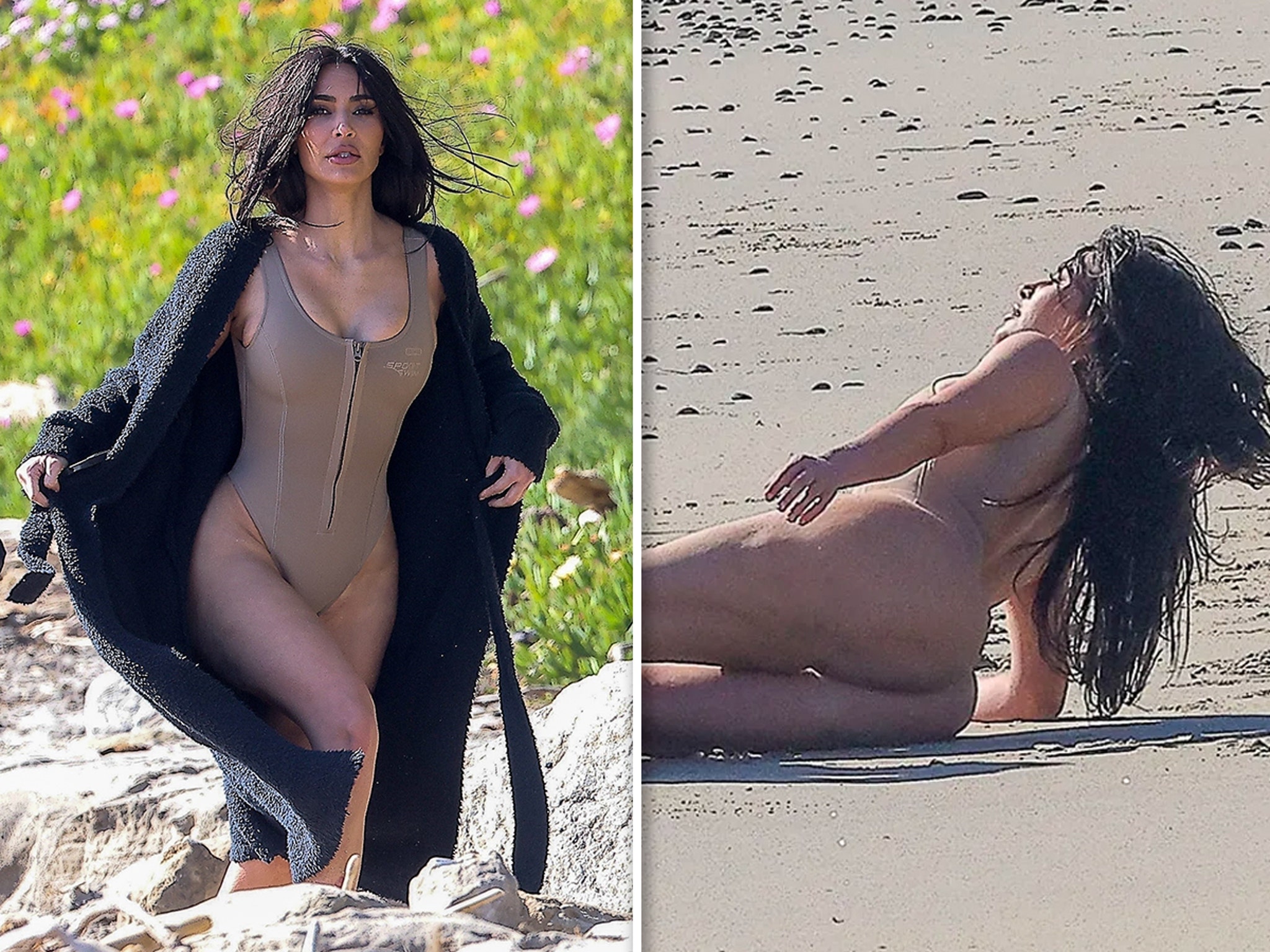 Kim Kardashian Hits Malibu Beach in Spectacular Beige One-Piece for SKIMS  Photo Shoot