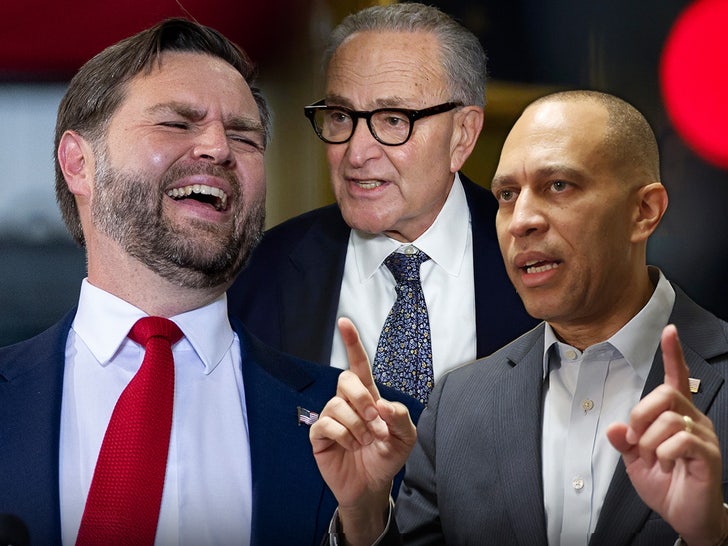 J.D. Vance is seen laughing while Chuck Schumer and Hakeem Jeffries look concerned.