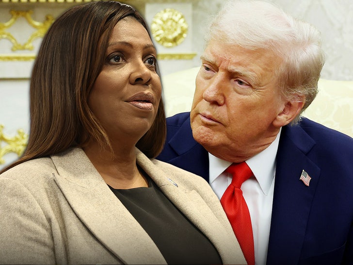 Letitia James is seen next to Donald Trump. She's wearing a beige coat and a black shirt, while he's wearing a blue coat, a white shirt, and a red tie.