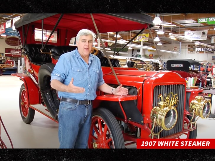 Jay Leno in garage with White Steamer