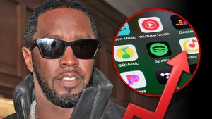 Diddy in black sunglasses, wearing multiple chains, next to a picture of music apps and a red arrow going up and to the right.