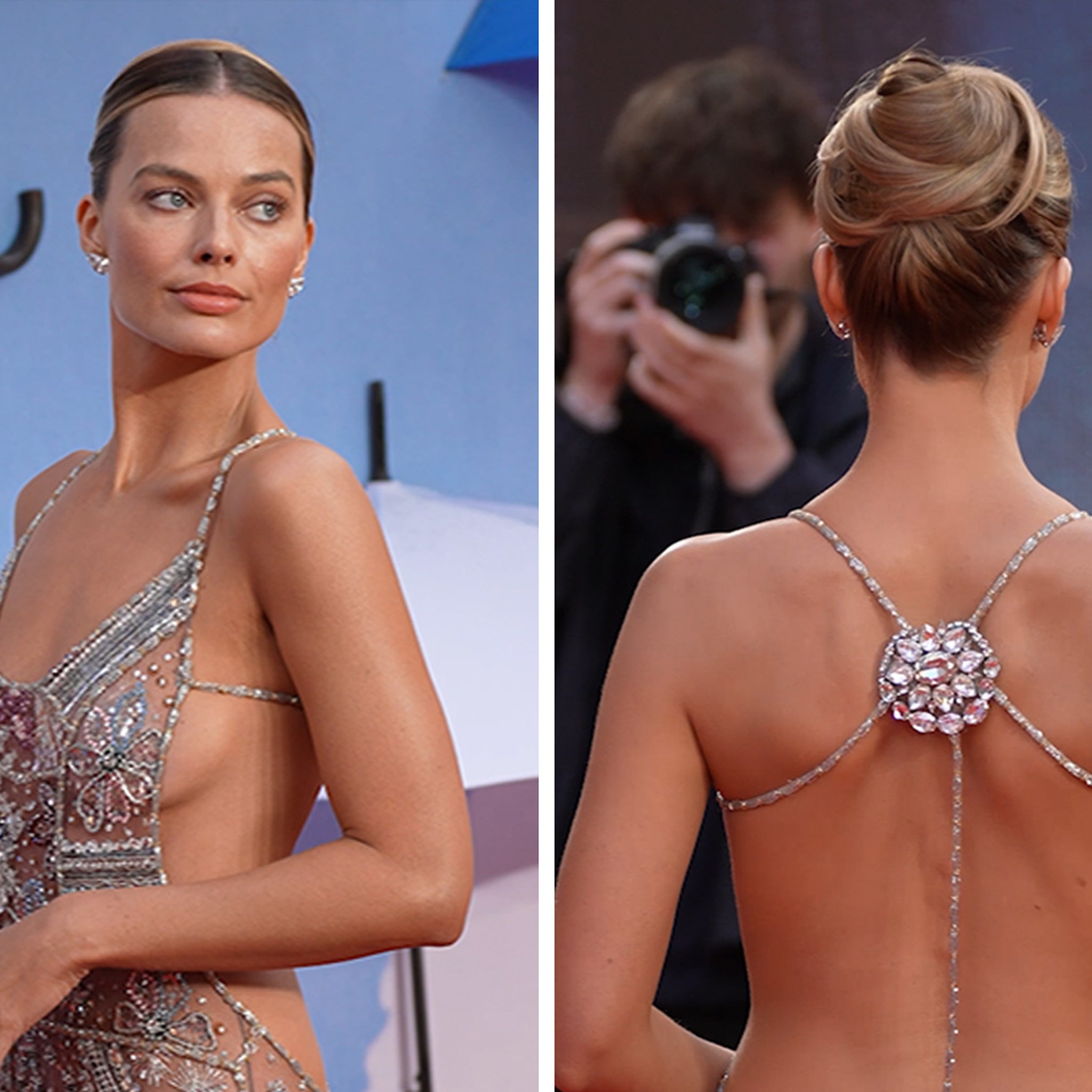 Margot Robbie Flaunts Butt in Shiny Silver Dress With Totally Sheer Back