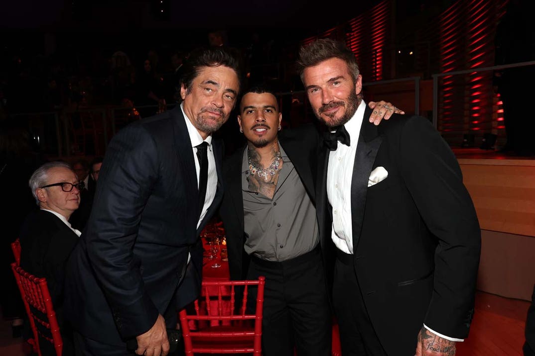 Benicio Del Toro and Rauw Alejandro and David Beckham