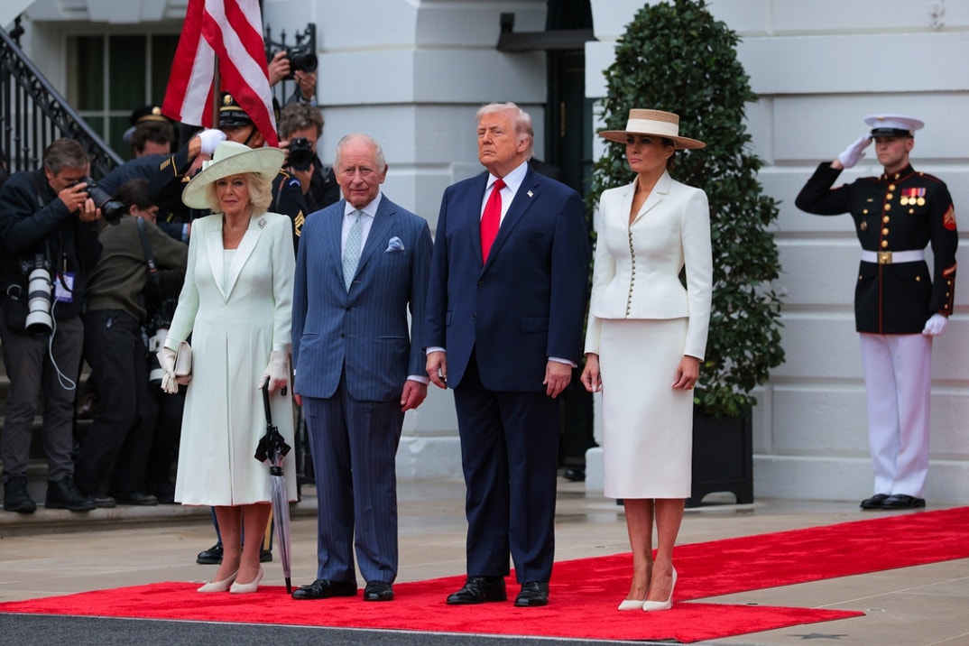 Queen Camilla, King Charles III, U.S. President Donald Trump, and First lady Melania Trump pose during a state arrival ceremony on the South Lawn of the White House on April 28, 2026 in Washington, DC. President Trump and King Charles III will participate in a number of activities including a bilateral meeting in the Oval Office, with the king later addressing a joint meeting of the United States Congress.