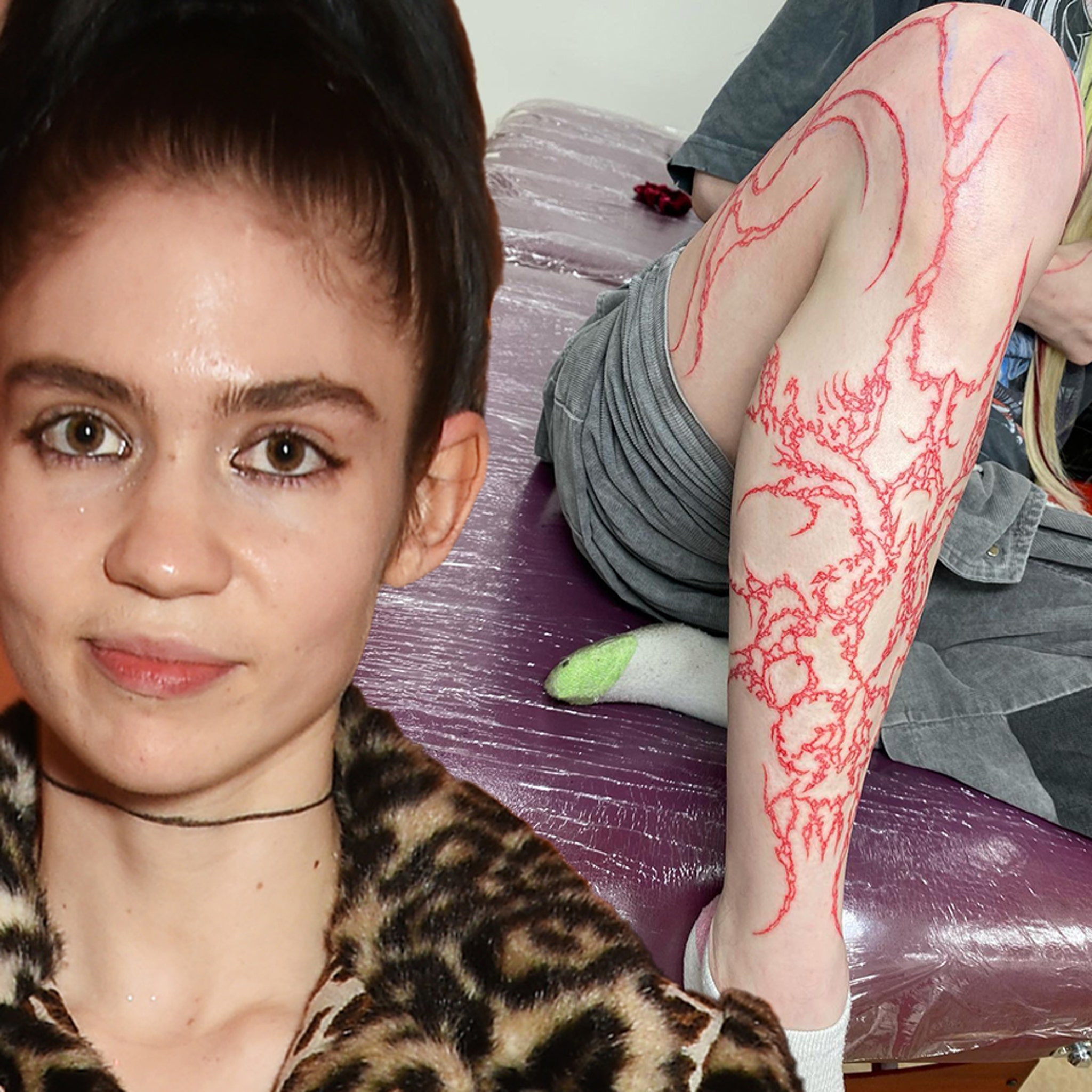 Grimes Debuts Massive Red Leg Tattoo