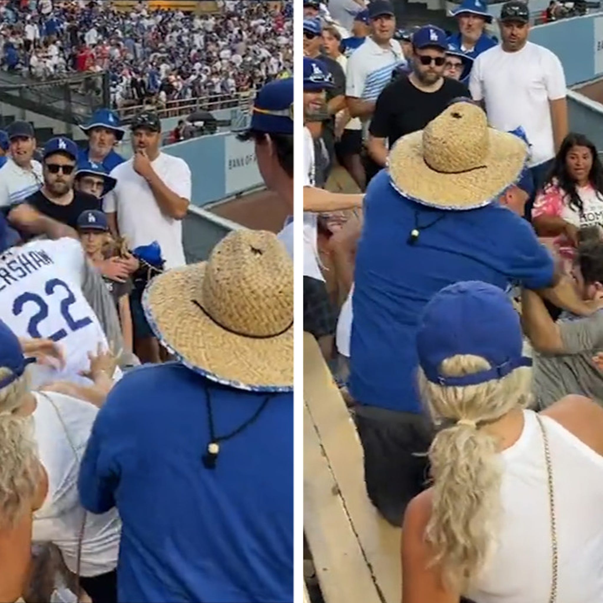 Dodgers fan catches home run with her hat while holding a beer in