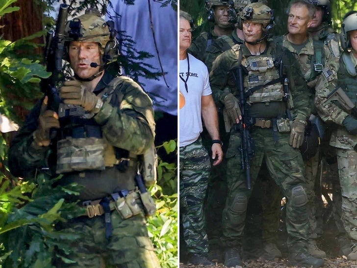 Chris Pratt Filming 'Way Of The Warrior' In Camo Holding a Gun