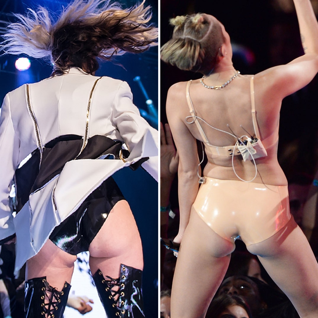 Battle of the booties! Fergie, 41 (L) vs. Miley, 23 (R)