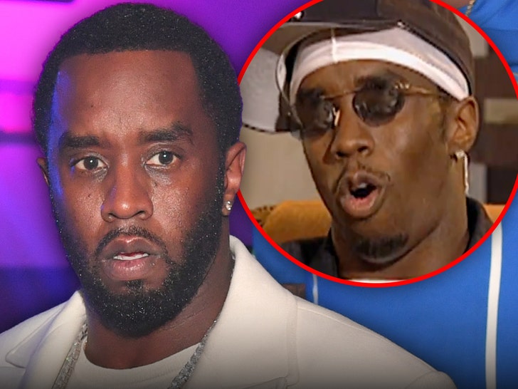 Two images of Diddy. On the left he's wearing a white jacket, white t-shirt, and platinum chains. On the right he's wearing a white wave cap, sunglasses, and baseball cap.