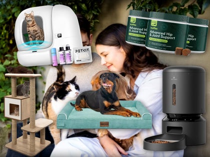 People Hugging Their Pets Surrounded By Pet Products From Amazon