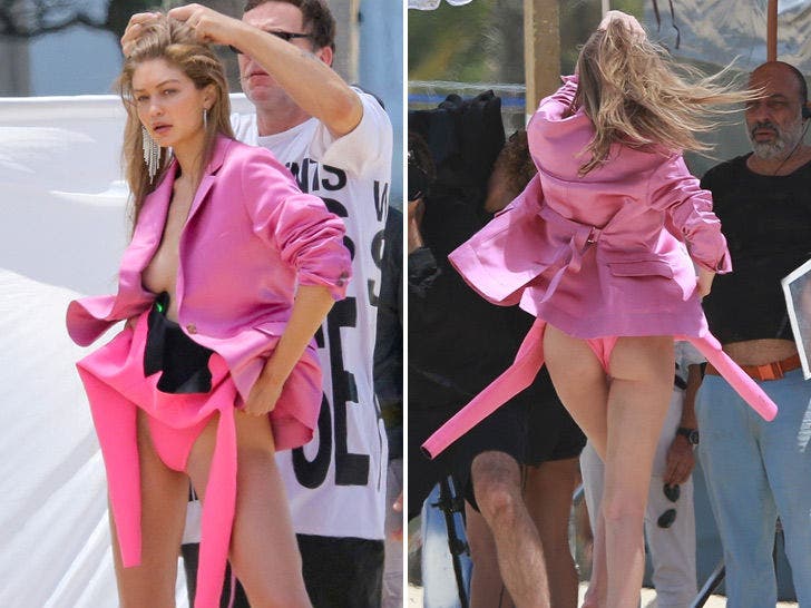 Gigi Hadid Goes Braless in Super Revealing Hot Pink Blazer
