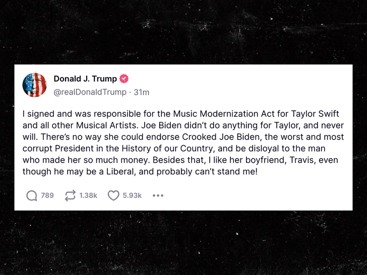 Donald Trump Says He Made Taylor Swift Lots Of Money, Likes Travis Kelce thruth social
