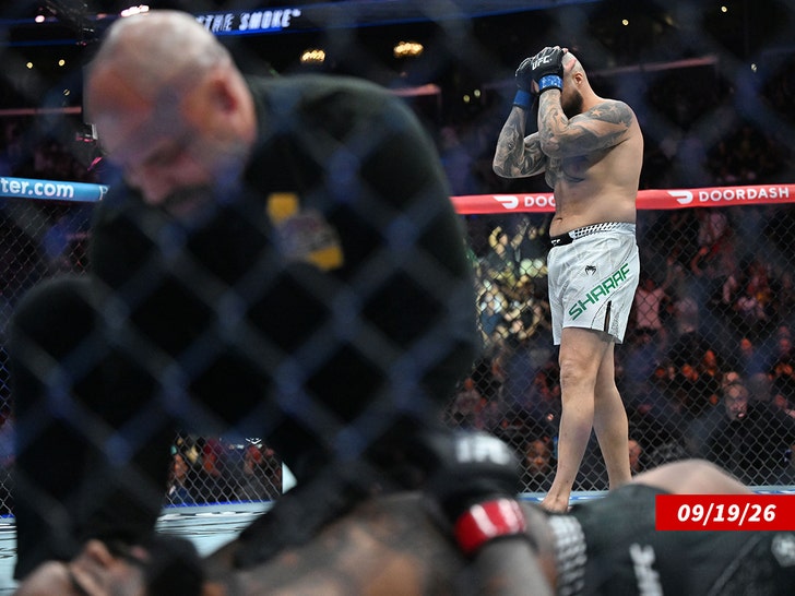 Sean Sharaf reacts after a knockout victory against Gable Steveson  getty