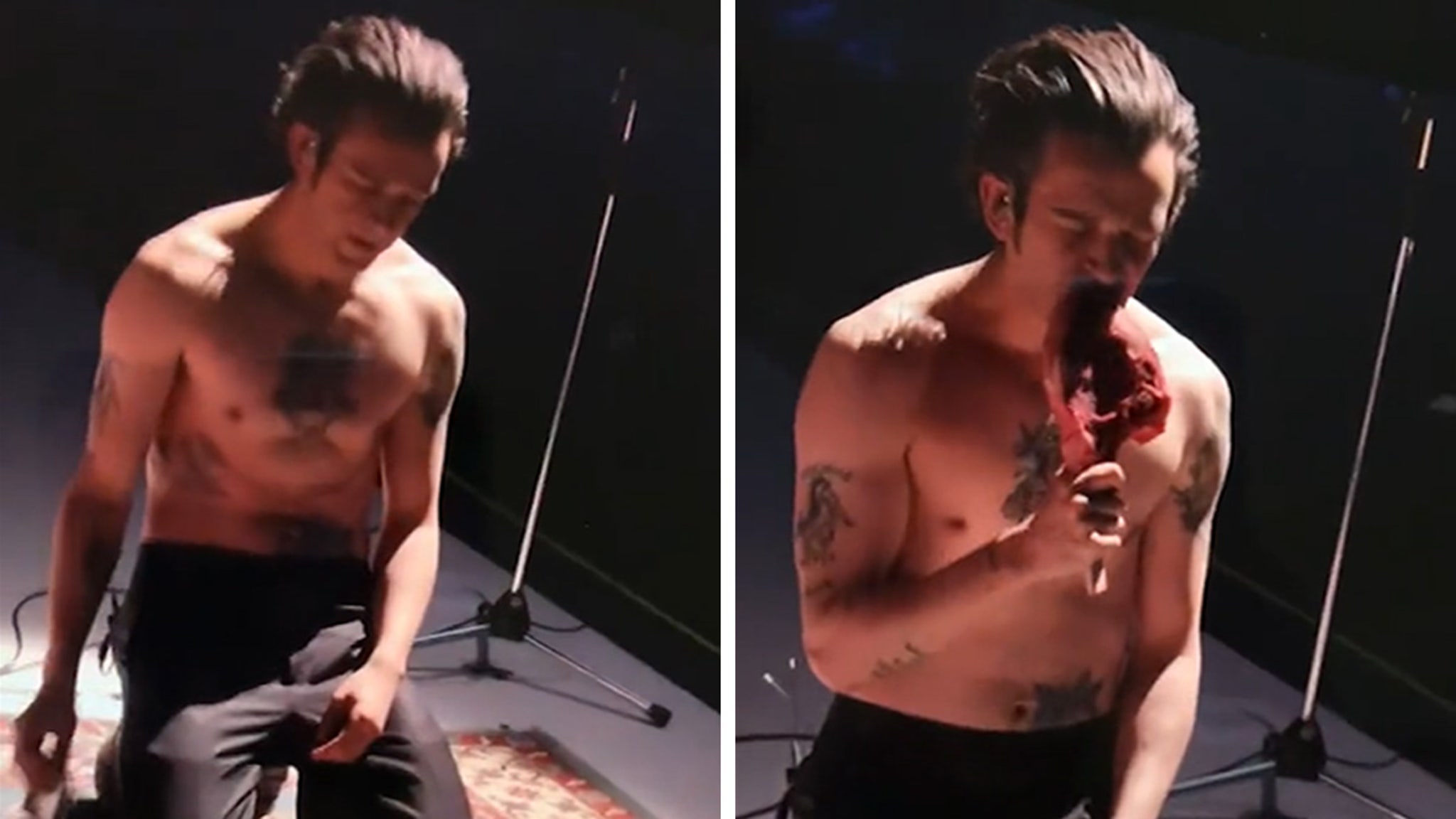 1975's Matty Healy eats raw meat on stage during a concert