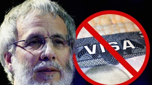 Cat Stevens is seen standing next to a no symbol with a visa document behind it. He's wearing an off-white sweater.