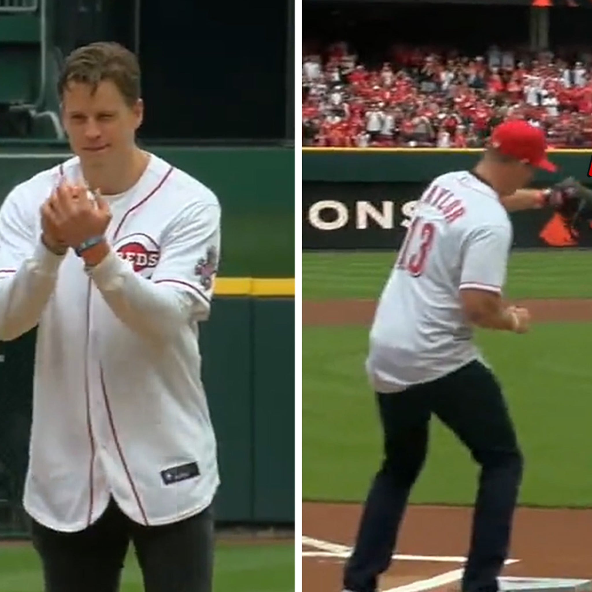 Joe Burrow throws first pitch to Zac Taylor on Reds' Opening Day