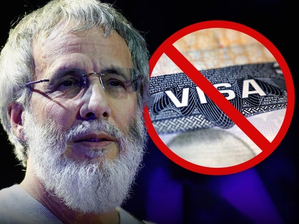 Cat Stevens is seen standing next to a no symbol with a visa document behind it. He's wearing an off-white sweater.