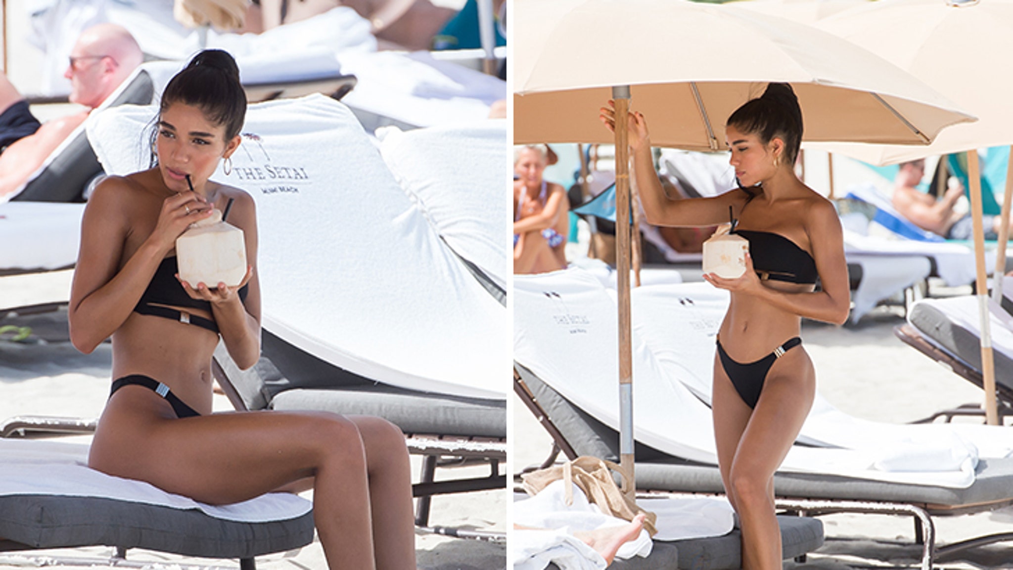Model Yovanna Ventura enjoys a coconut drink as she hangs in a bikini on th...