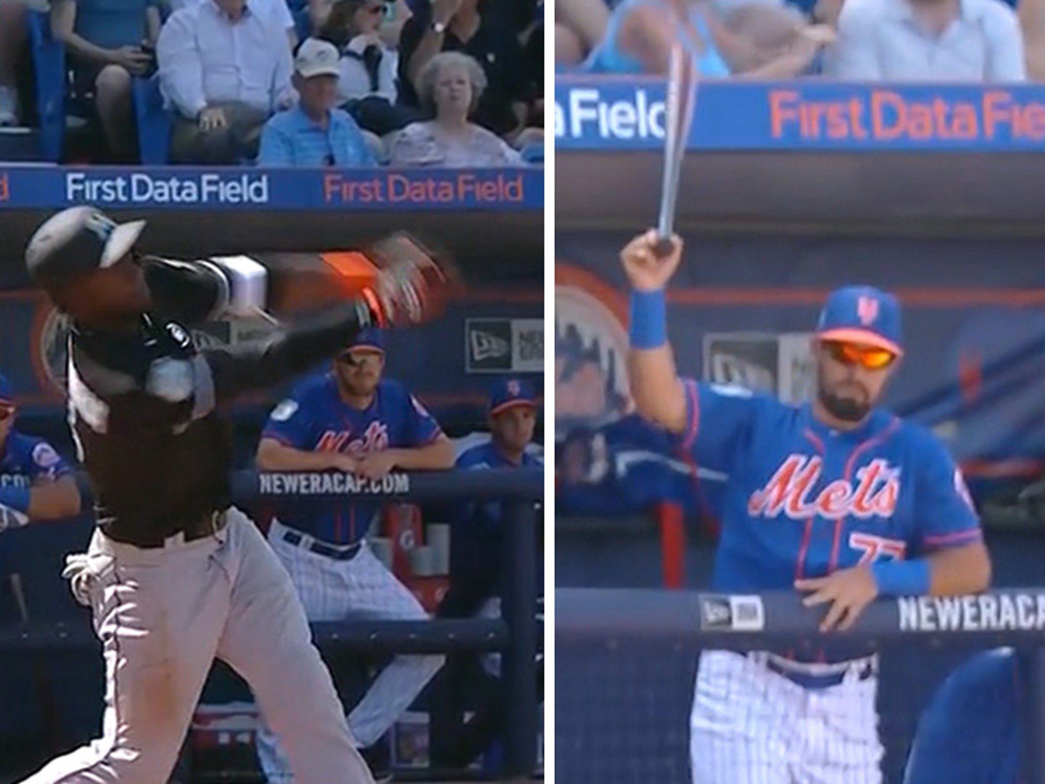 Mets player catches bat flying towards dugout 