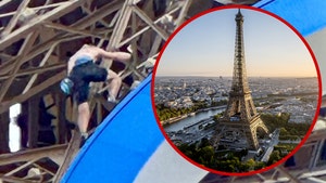 man climbing eiffel tower