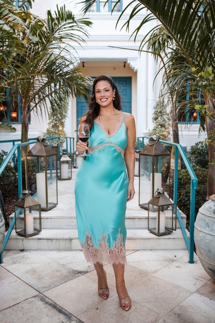 ashley graham blue dress Dazzles at Casadonna x Lucci Lambrusco Event Lace trim Martina Maxi Dress | Color:Sand Online Dresses Store
