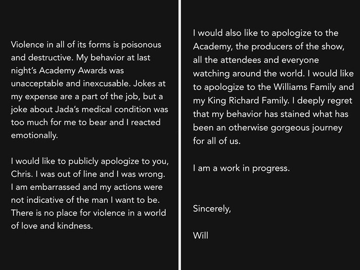 Will Smith, Oscar Ödülleri'nde Slap için Chris Rock'tan Özür Diledi
