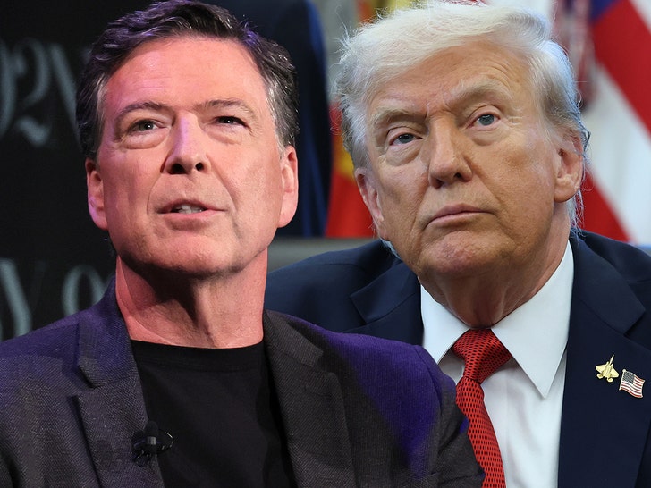 James Comey is seen standing next to Donald Trump. Comey's wearing a black shirt and a matching jacket, while Trump's wearing a blue jacket, white shirt, and a red tie.