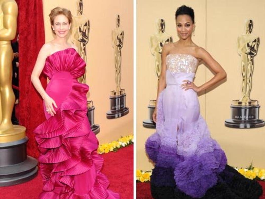 zoe saldana purple oscar dress Oscars debut moment: Zoe Saldaa made an unforgettable first impression at the 82nd Academy Awards on March 7, 2010. Arriving at the Kodak Theatre, the Avatar star embraced high-fashion drama in