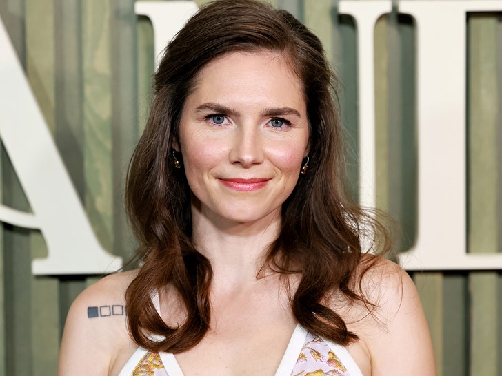 Amanda Knox is seen at what appears to be an awards show. She's wearing a multicolored dress, and her brunette hair is falling onto her shoulders.