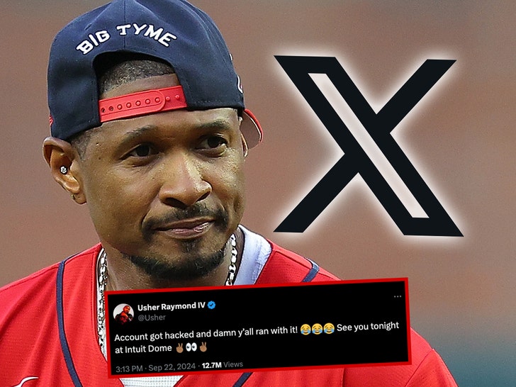 Picture of Usher in a jersey and backwards baseball cap and his September 22, 2024 X post saying that his account was hacked.