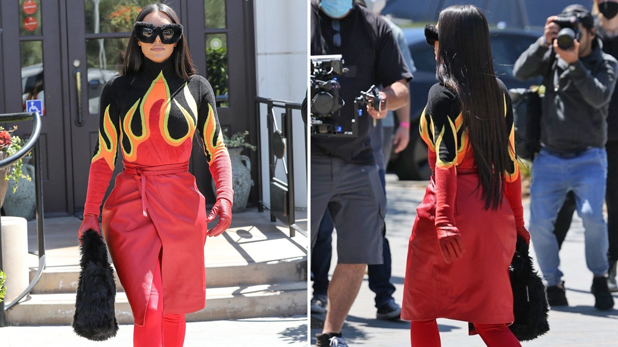 Kim Kardashian Wears Eye Popping Flaming Top for Lunch with Khloe, Kourtney