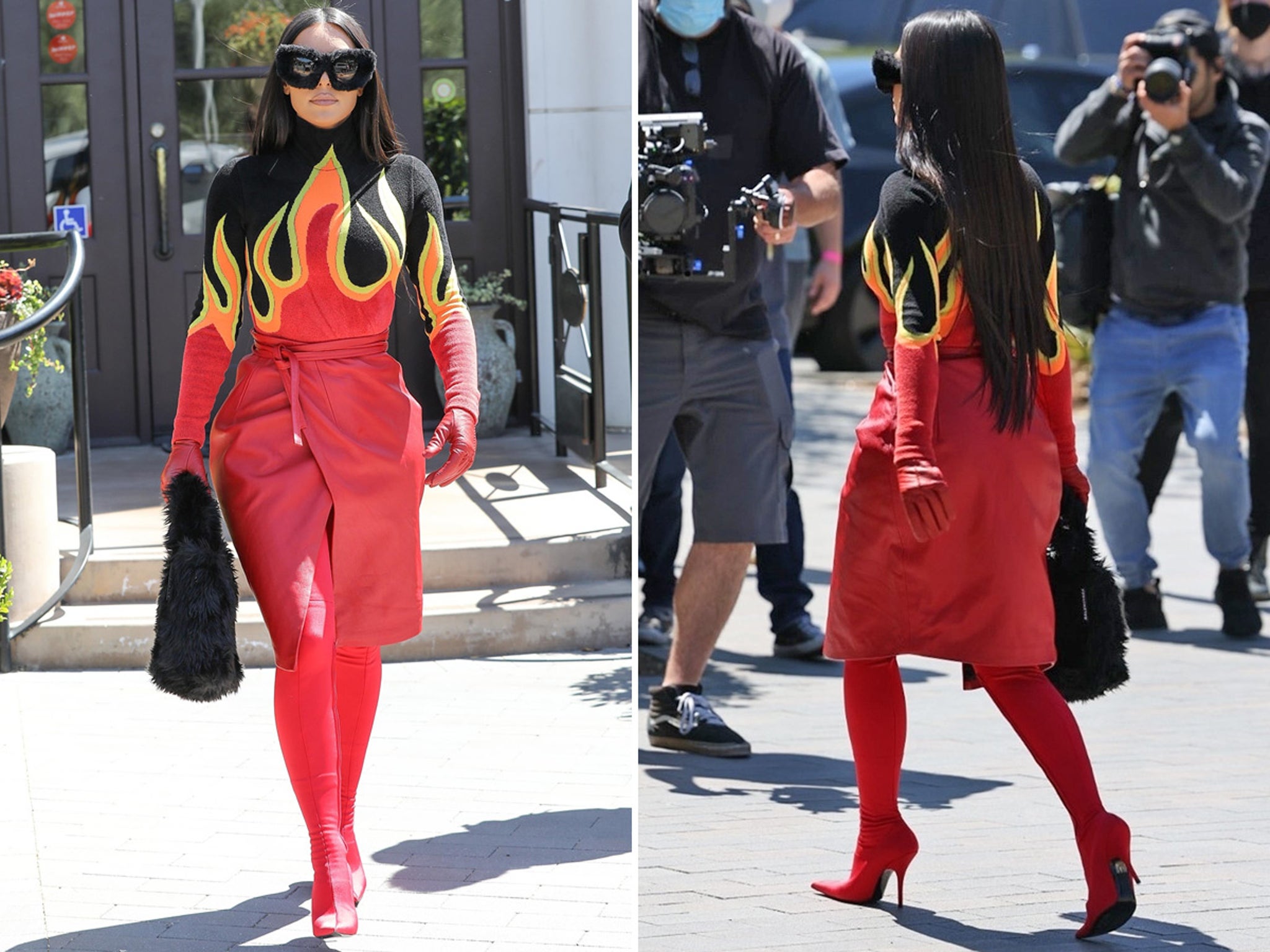 Kim Kardashian Wears Eye Popping Flaming Top for Lunch with Khloe, Kourtney