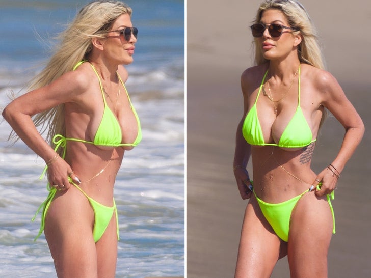 Tori Spelling Flaunts Bikini Bod In Neon Stringy Suit At Malibu Beach