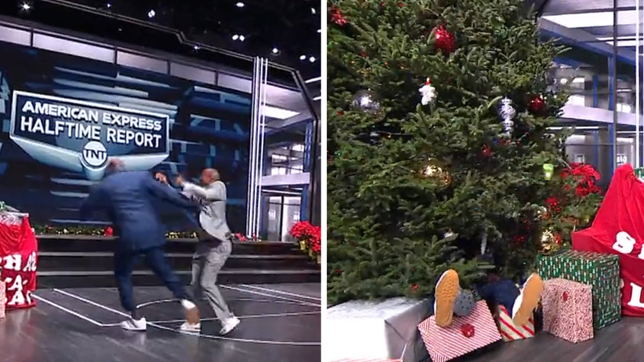 Kenny Smith Launches Shaq Into Giant Christmas Tree On ‘NBA On TNT’ Set