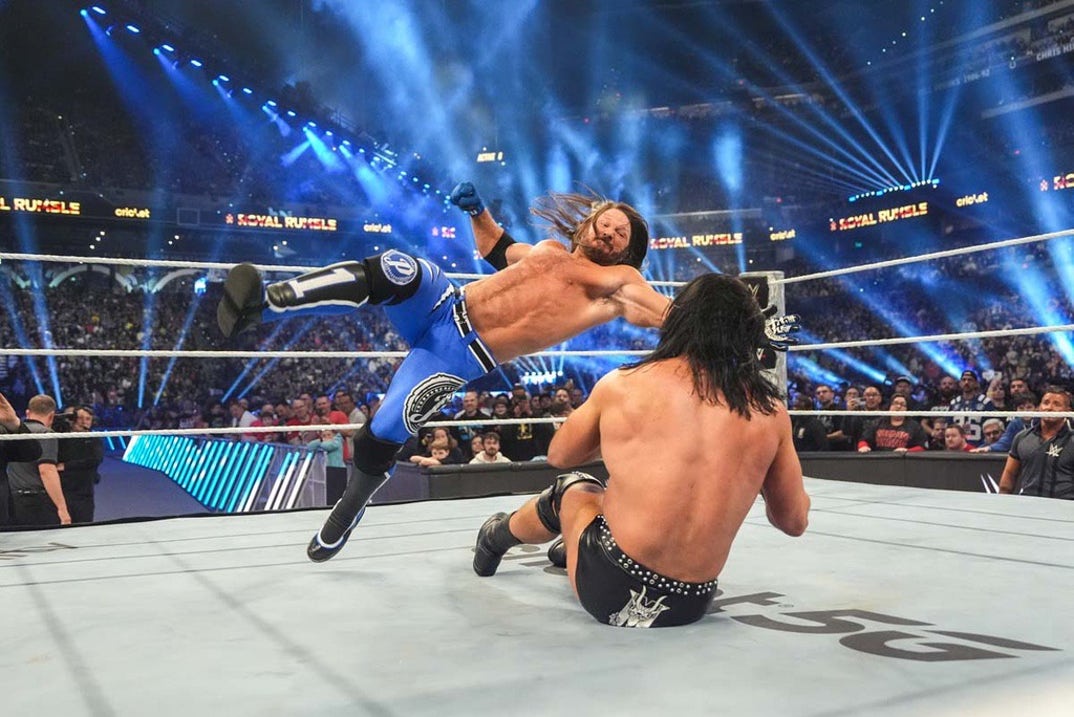 AJ Styles in action against Drew McIntyre during the Royal Rumble.
