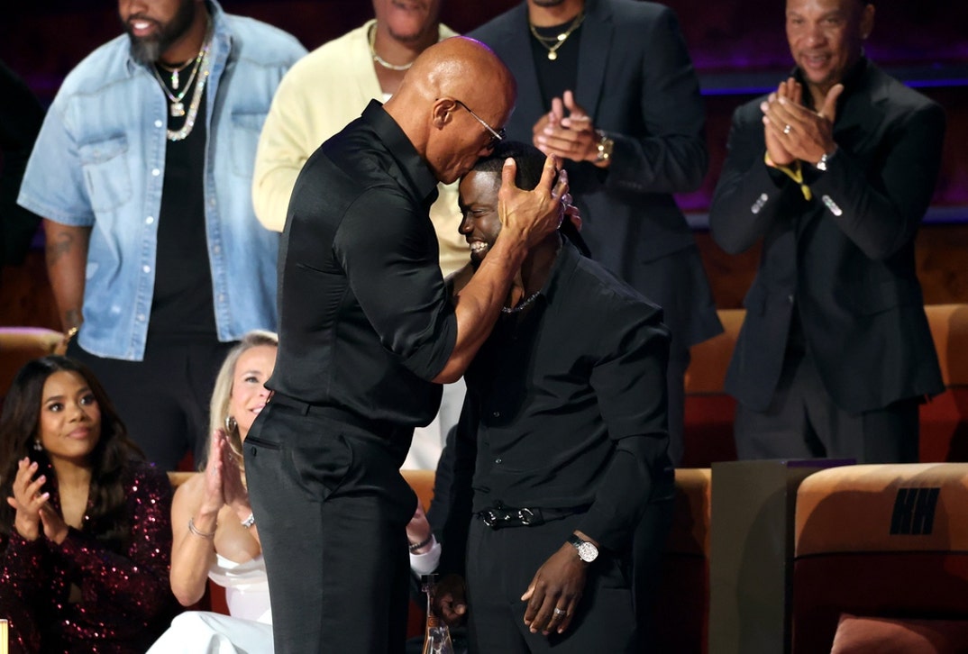 Dwayne Johnson and Kevin Hart are seen onstage during Netflix Is A Joke Festival