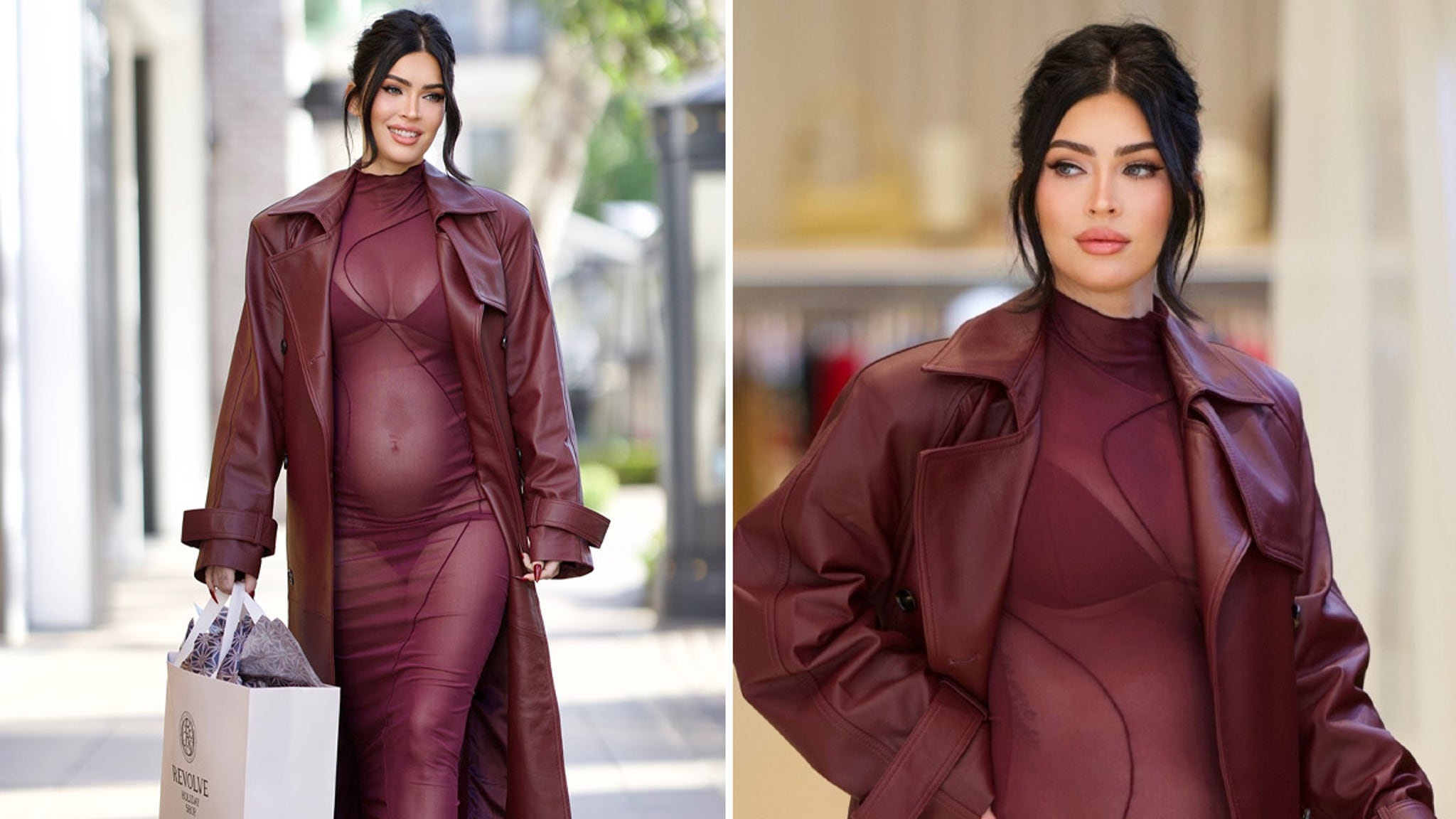 Megan Fox Shows Off Baby Bump in Sheer Burgundy Dress & Matching Thong