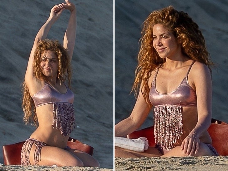 Shakira Meditates on Beach in Skimpy Metallic Pink Bikini