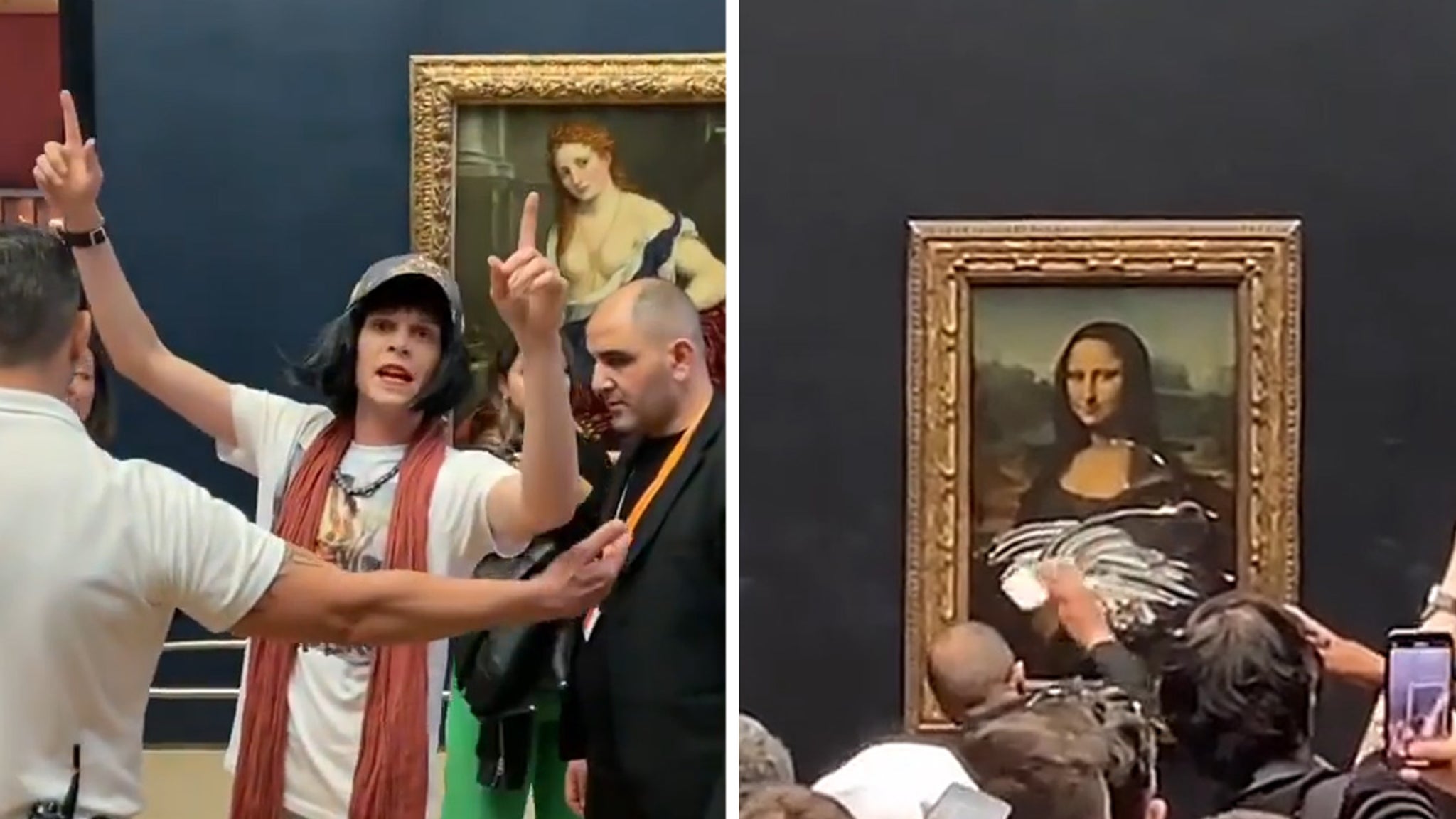 Man in Wheelchair Disguised as Woman Throws Cake at Mona Lisa