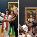A man in a wheelchair, disguised as a woman, throws a cake at the Mona Lisa