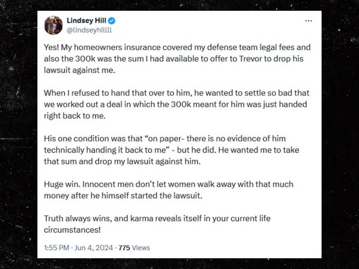 Lindsey Hill is talking about a settlement on social media