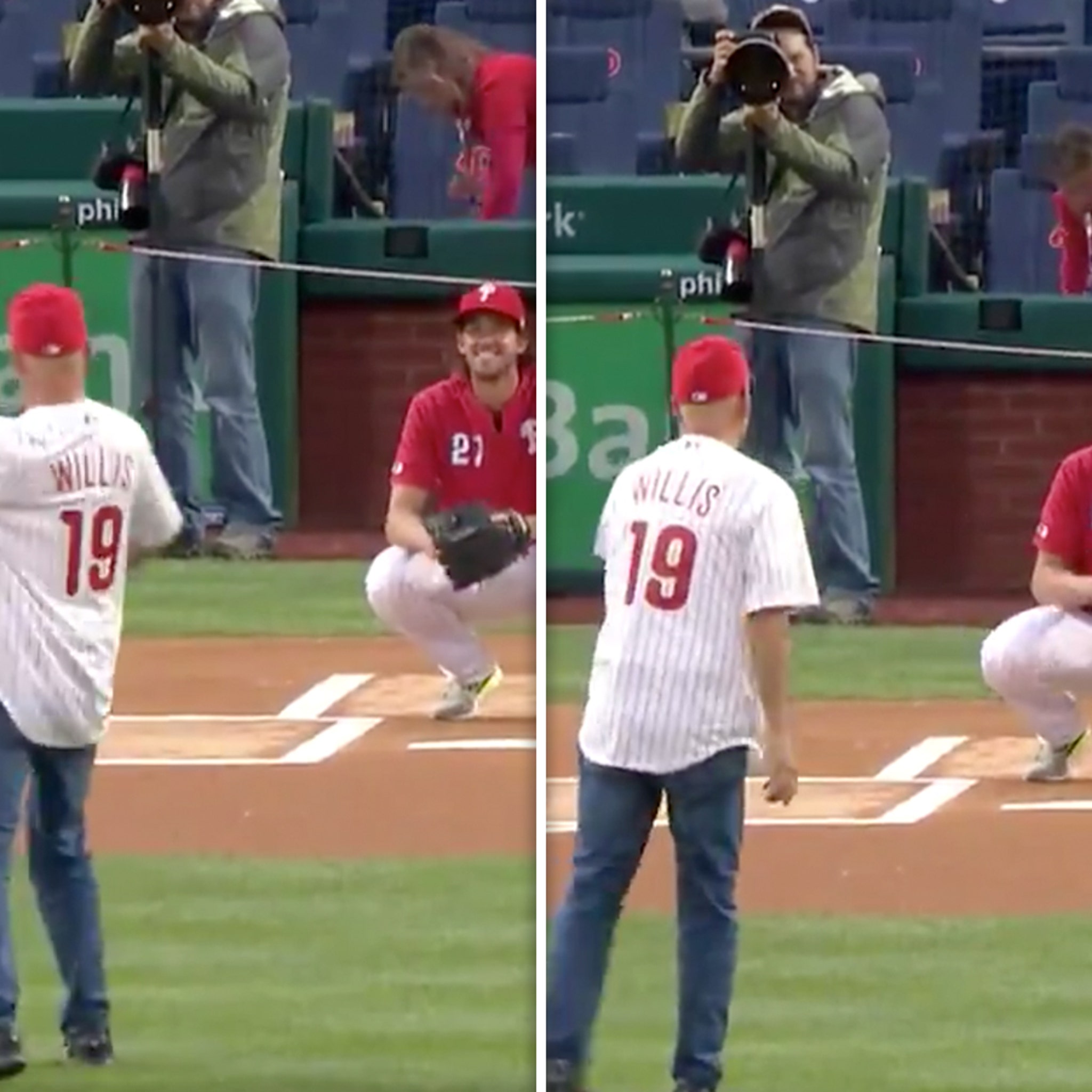 Actor Bruce Willis throws out first pitch, hits batting practice before  Phillies game