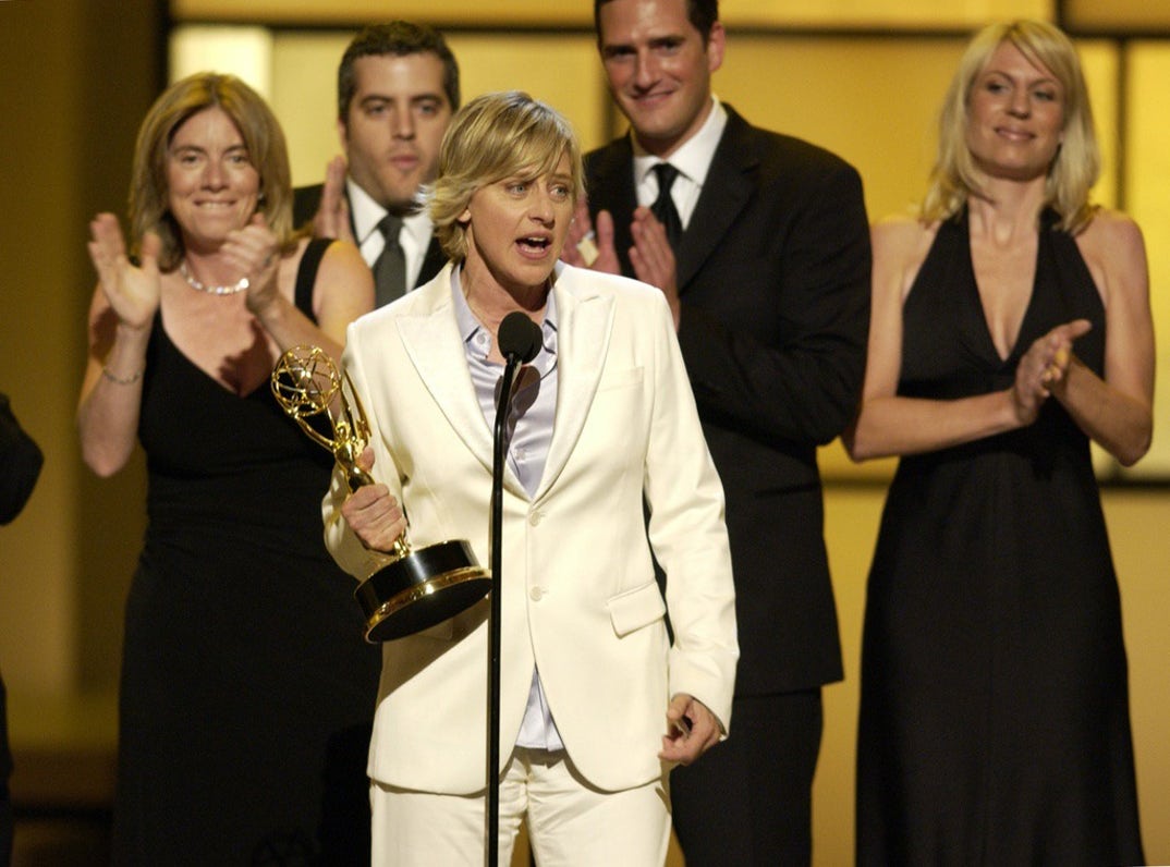 2004 - Ellen wins her first Emmy for Outstanding Talk Show ... and goes on to win 32 total for her role on her title TV show.