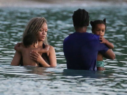 Rihanna And ASAP Rocky With Their Kids In The Ocean In Barbados