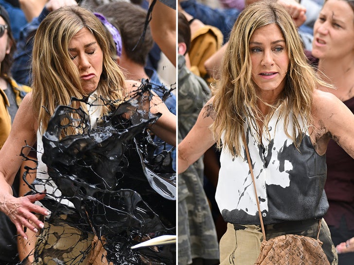 Jennifer Aniston Covered In Oil While Filming 'Morning Show' Protest Scene