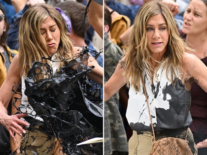 Jennifer Aniston Covered In Black Oil While Filming 'Morning Show' Protest Scene