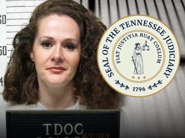 Christa Pike is seen posing for a mugshot next to the logo for the Tennessee Supreme Court.