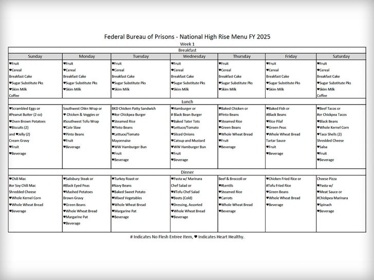 Bureau of Prisons meal schedule